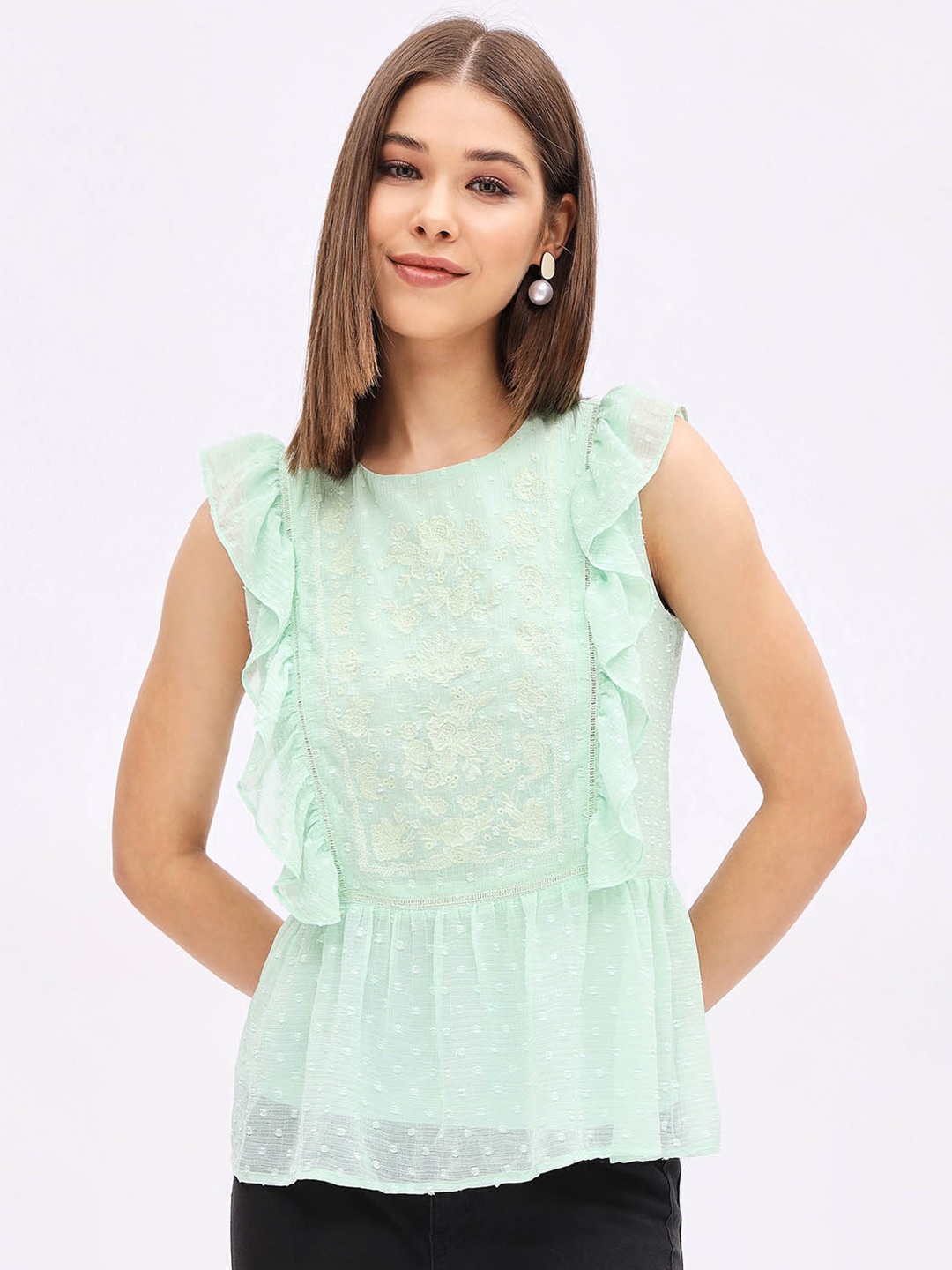 

Harpa Self Design Ruffles Chiffon Peplum Top, Green