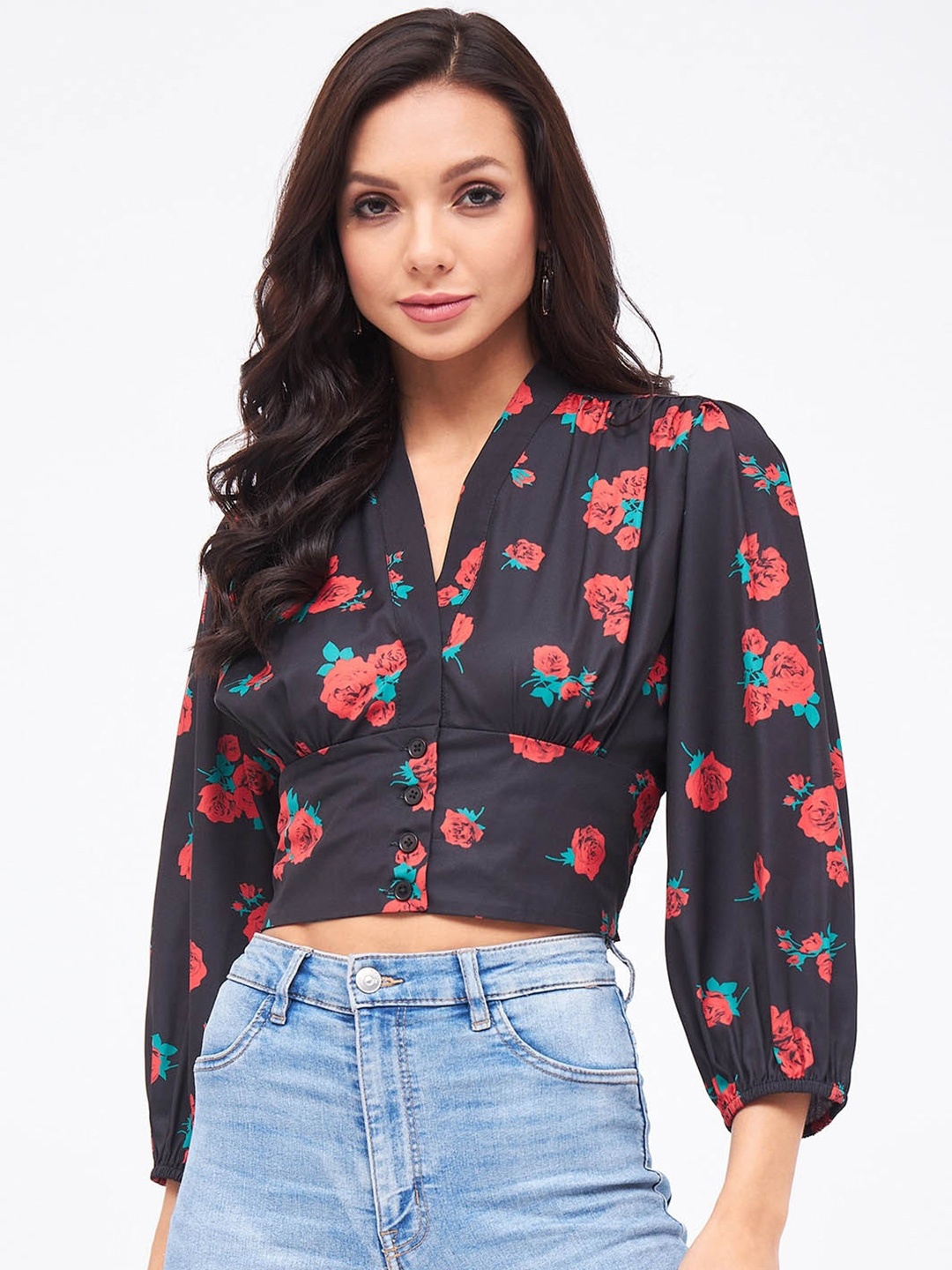 

Harpa Floral Printed Puff Sleeves V-Neck Crop Top, Black