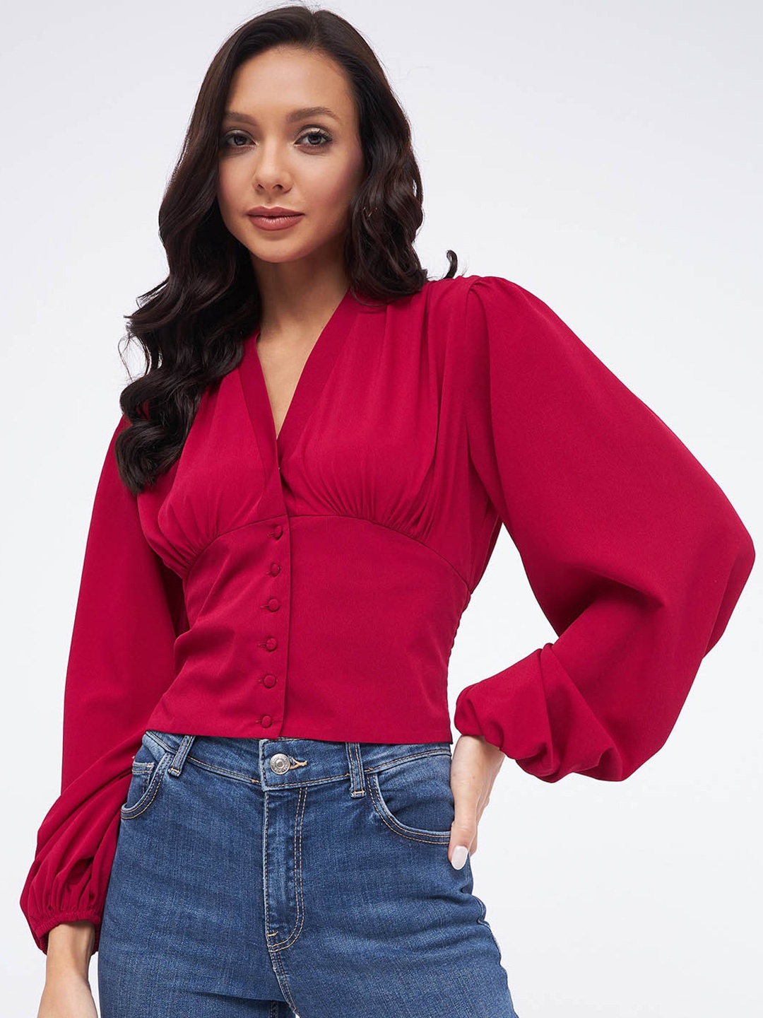 

Harpa Puffed Sleeves Crop Empire Top, Maroon