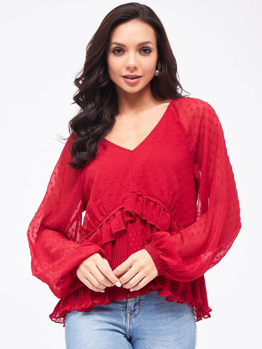 

Harpa Self Design Bell Sleeves Ruffles Chiffon Top, Maroon