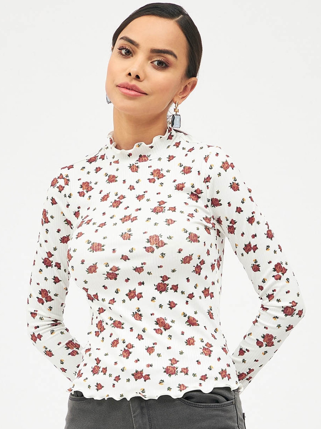 

Harpa Floral Printed High Neck Fitted Top, White