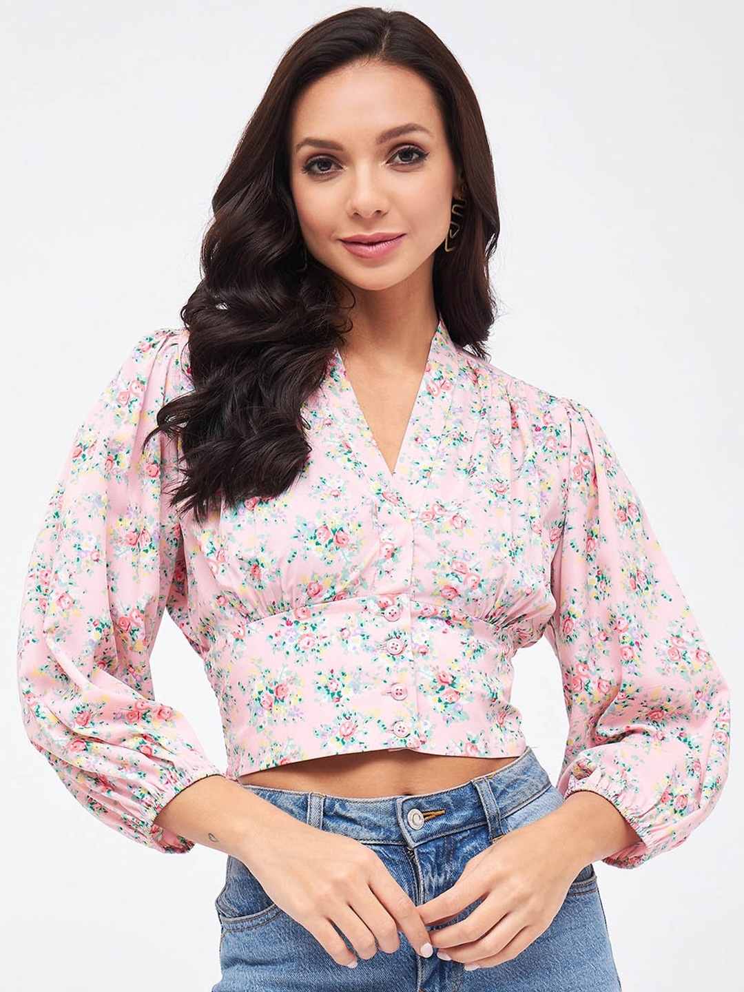 

Harpa Floral Printed Puffed Sleeves Empire Crop Top, Pink