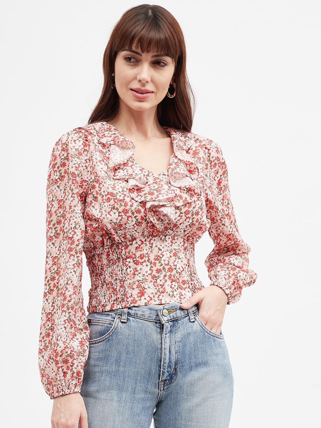 

Harpa Floral Printed Puff Sleeves Smocking Georgette Empire Crop Top, Peach