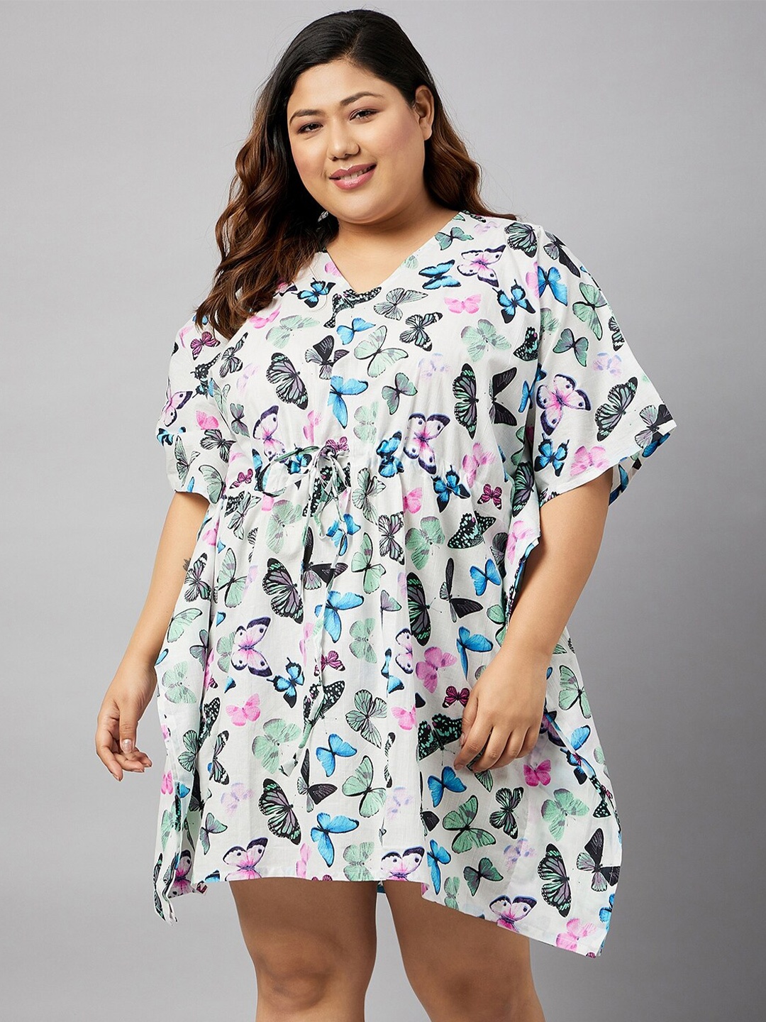 

Curves By ZeroKaata Plus Size Graphic Printed Pure Cotton Kaftan Nightdress, White
