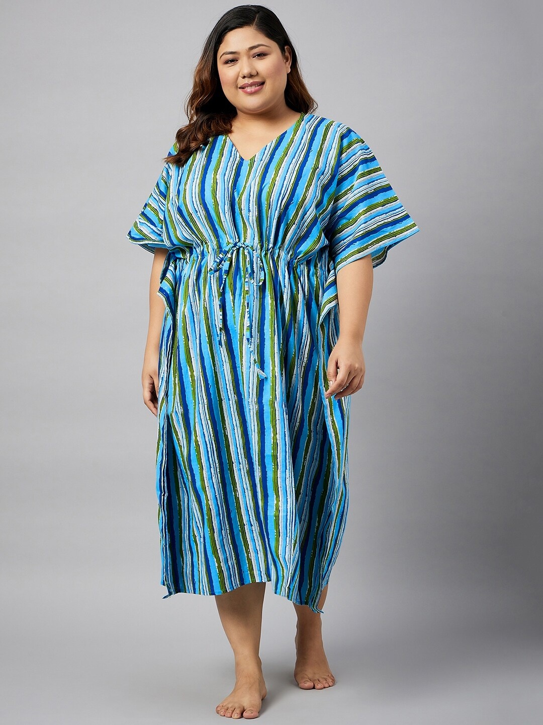 

Curves By ZeroKaata Plus Size Striped Pure Cotton Kaftan Nightdress, Blue