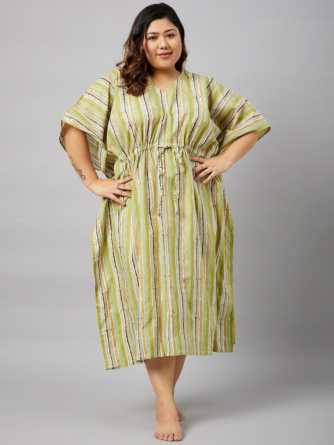 

Curves By ZeroKaata Plus Size Striped Pure Cotton Kaftan Nightdress, Green