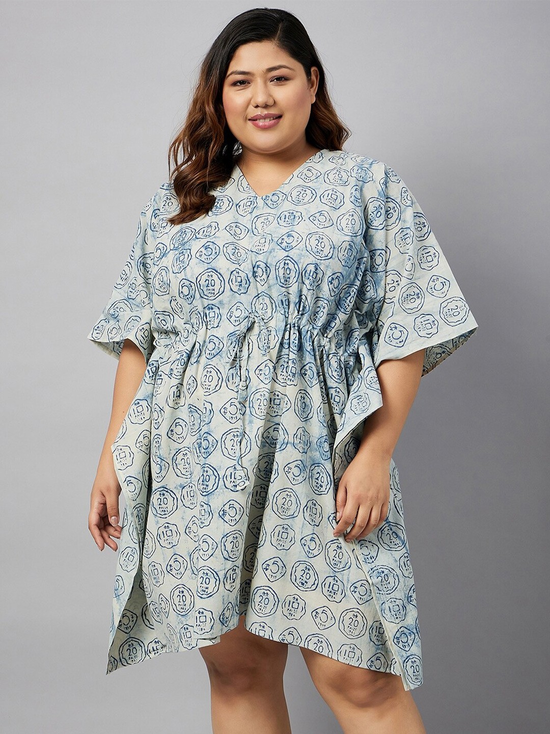 

Curves By ZeroKaata Plus Size Graphic Printed Pure Cotton Kaftan Nightdress, White