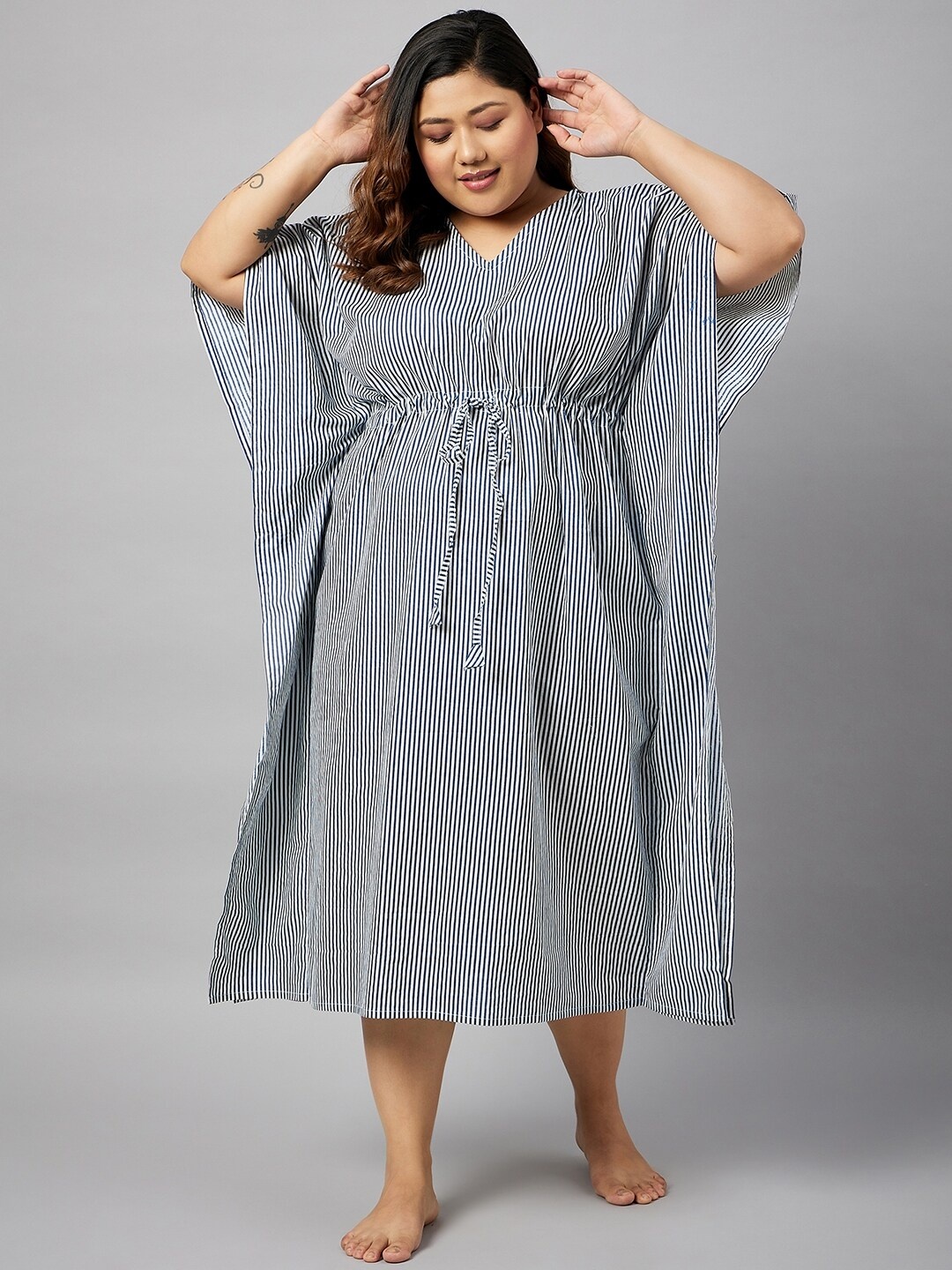 

Curves By ZeroKaata Plus Size Striped Pure Cotton Kaftan Nightdress, White