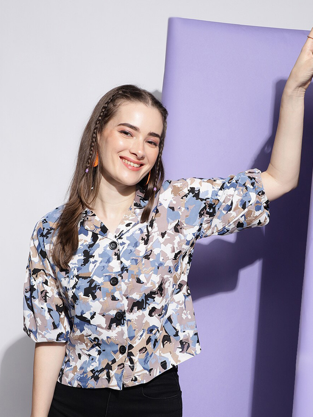 

Colors of Earth Classic Cuban collar Abstract Printed Oversized Puff Sleeve Casual Shirt, Blue