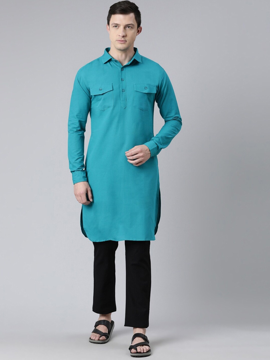 

Kryptic Shirt Collar Pure Cotton Pathani Kurta, Blue