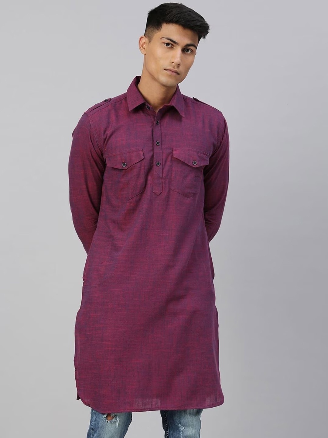 

Kryptic Shirt Collar Pure Cotton Pathani Kurta, Purple