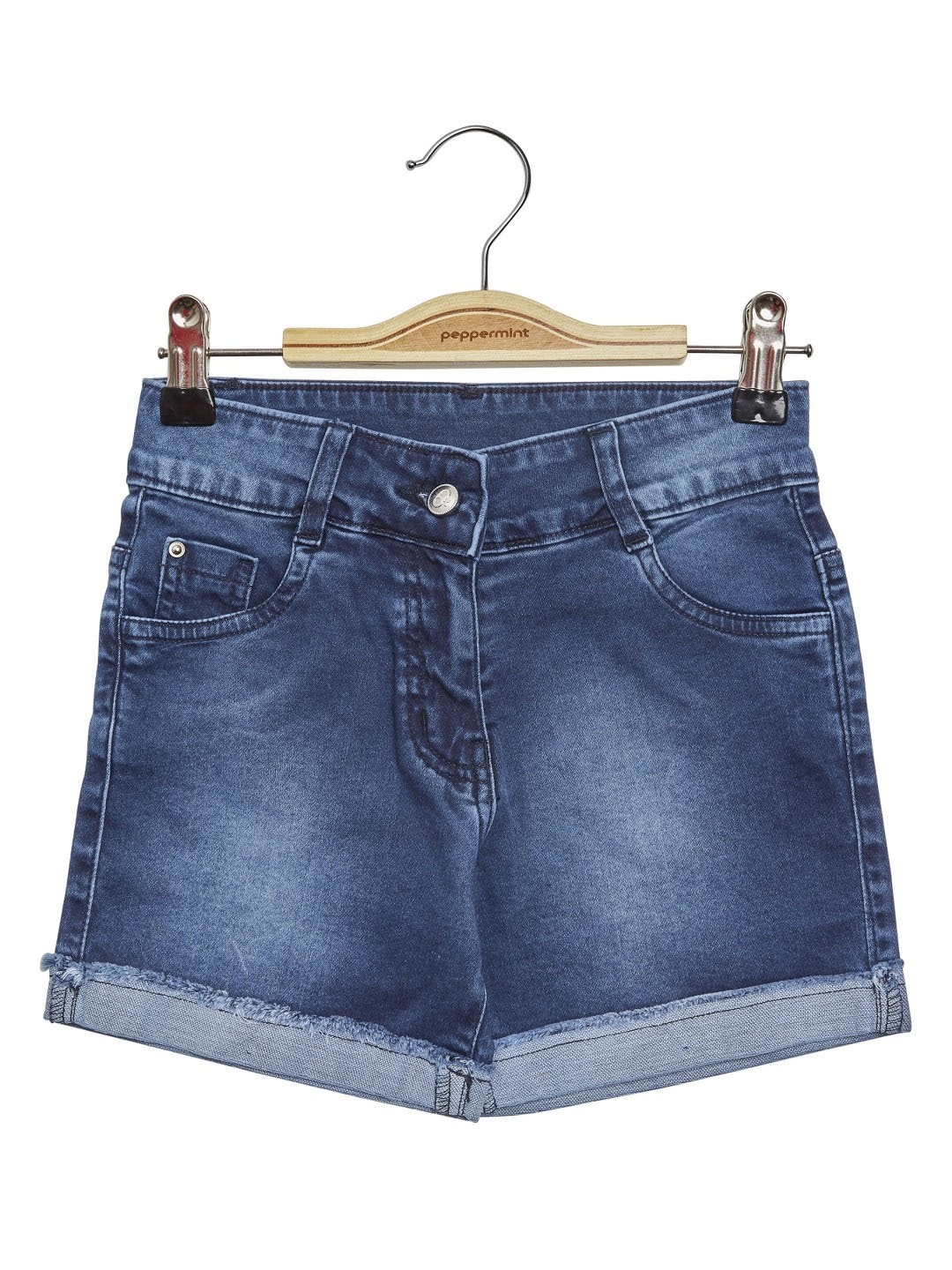 

Peppermint Girls Slim Fit High Rise Pure Cotton Denim Shorts, Blue