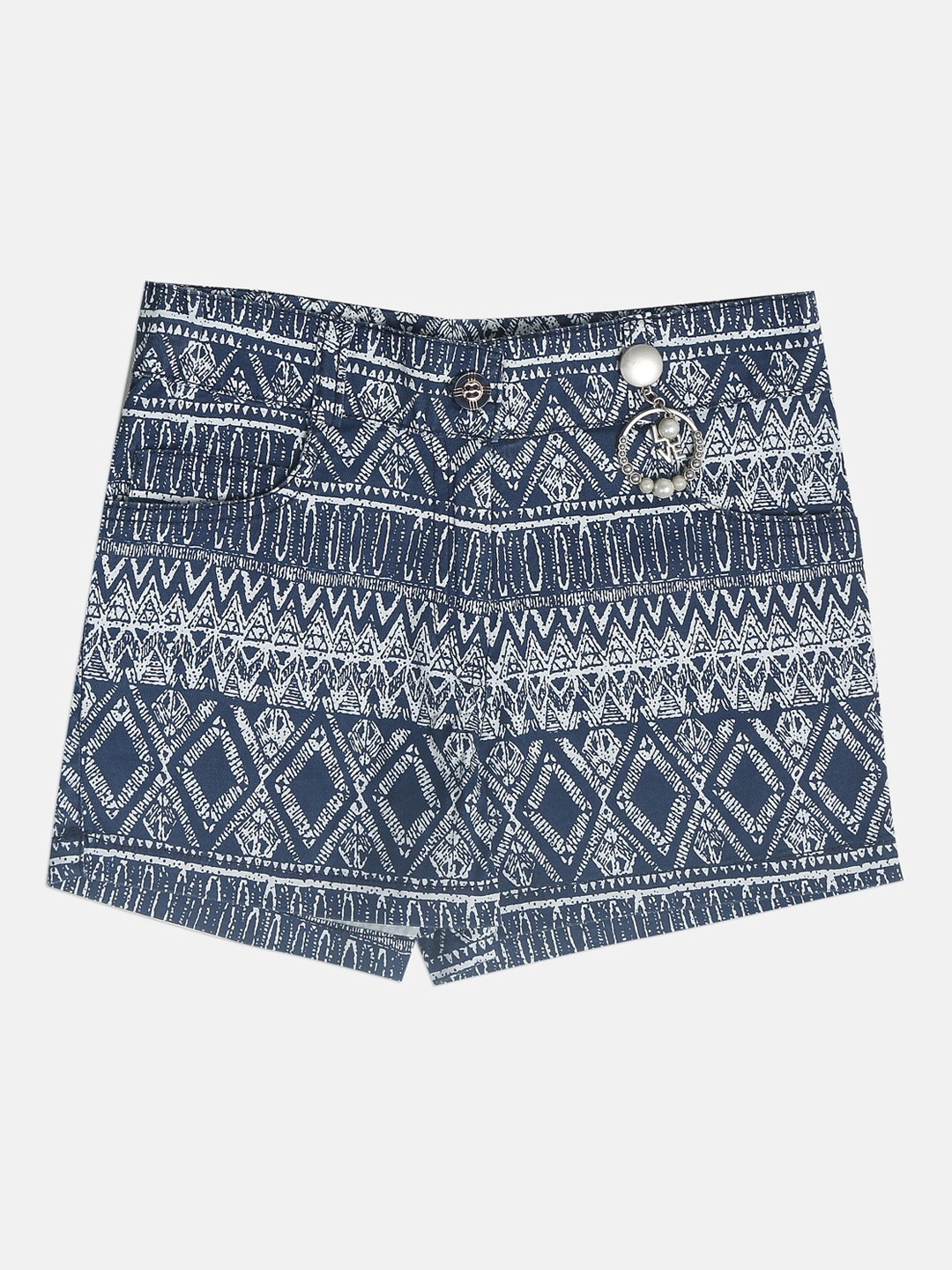 

Peppermint Girls Geometric Printed Slim Fit High Rise Pure Cotton Shorts, Navy blue