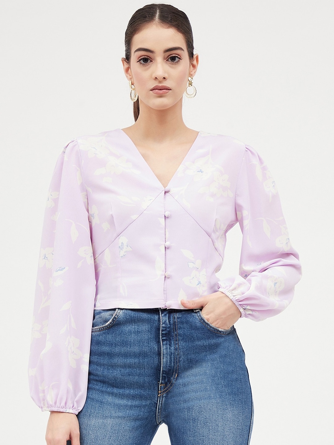 

Harpa Floral Print Puff Sleeve Crepe Top, Lavender