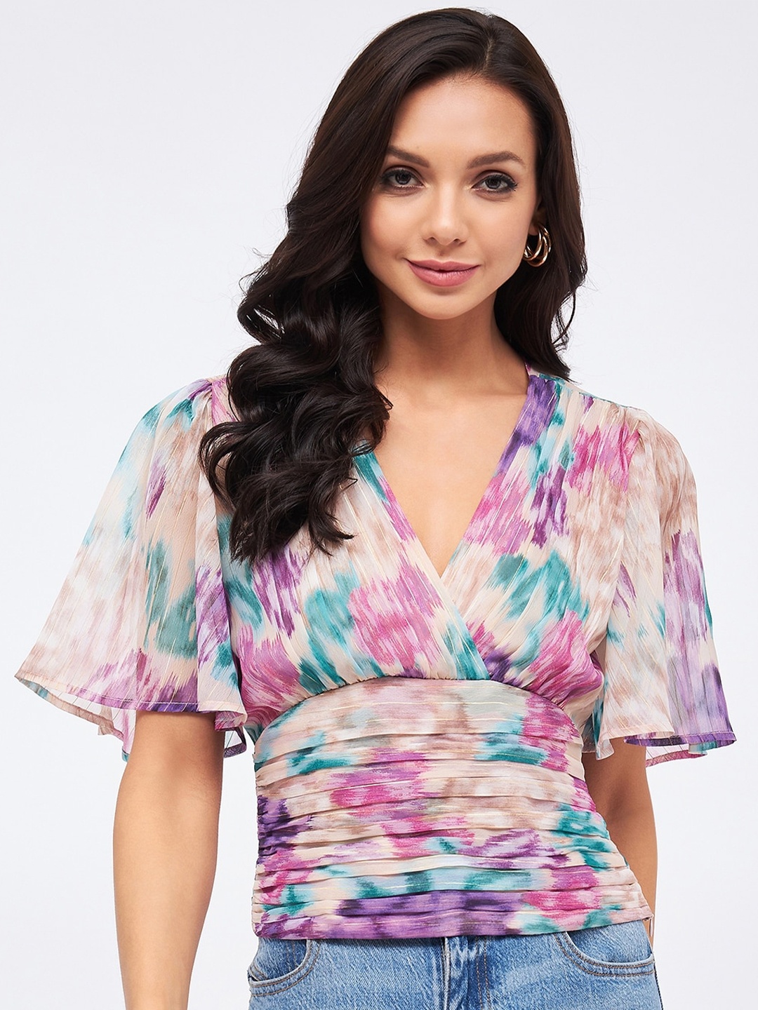

Harpa Abstract Printed Flared Sleeves Top, Beige