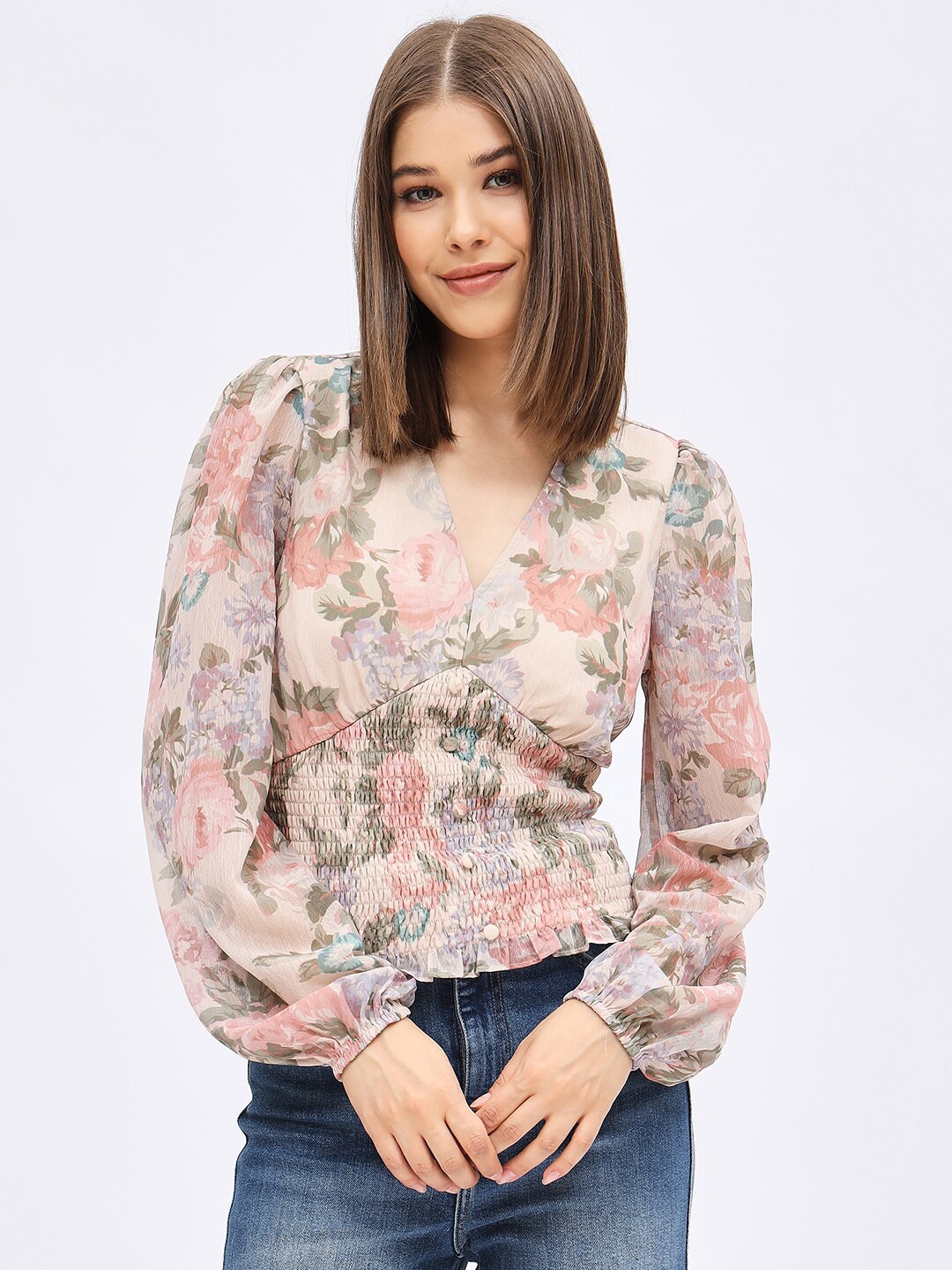 

Harpa Floral Printed Smocked Chiffon Empire Top, Beige