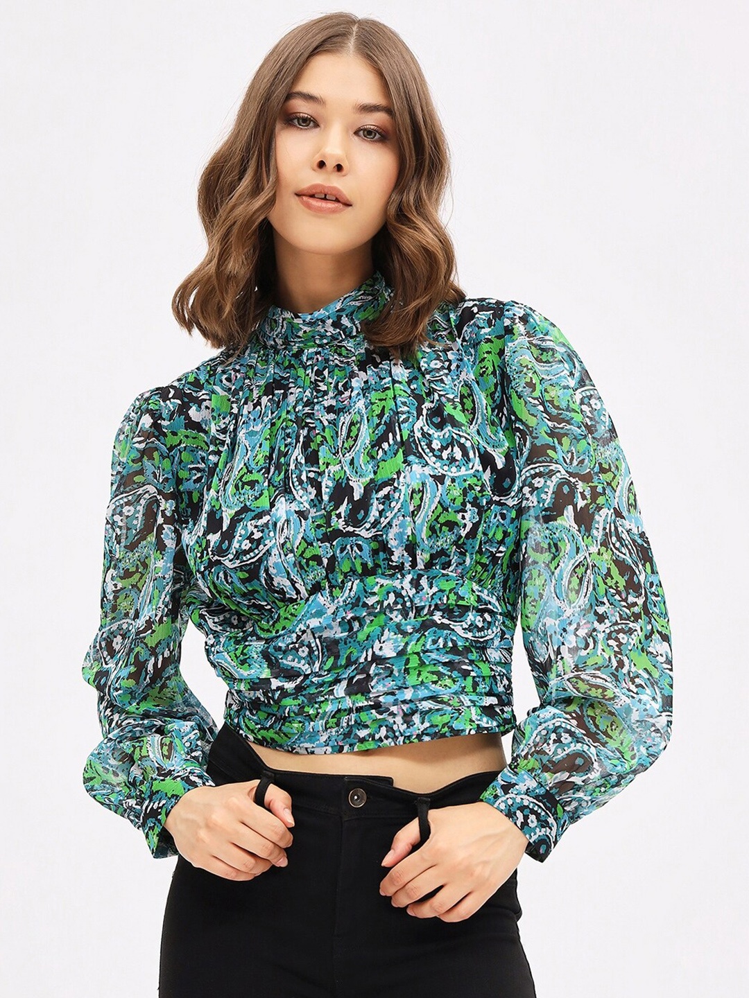 

Harpa Floral Printed High Neck Gathered or Pleated Chiffon Crop Top, Green