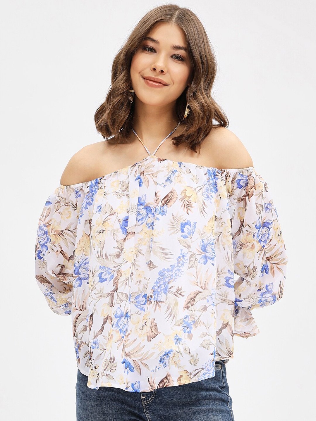 

Harpa Off Floral Printed Off-Shoulder Top, Off white