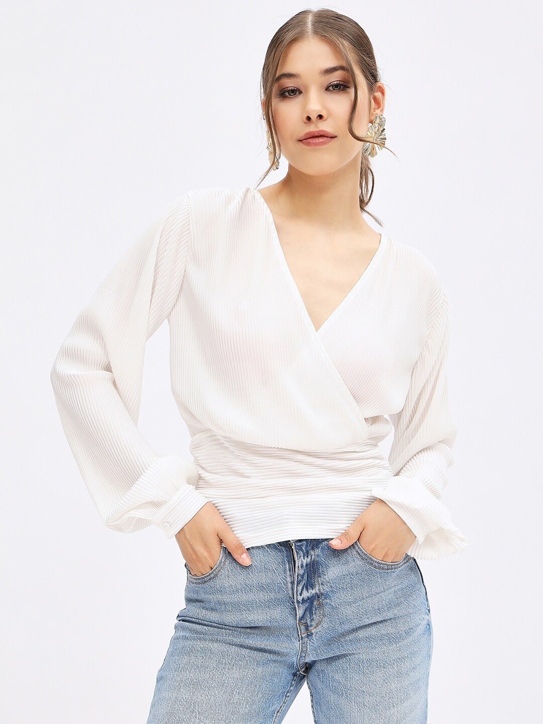 

Harpa Self Designed Cuff Sleeve Wrap Top, White
