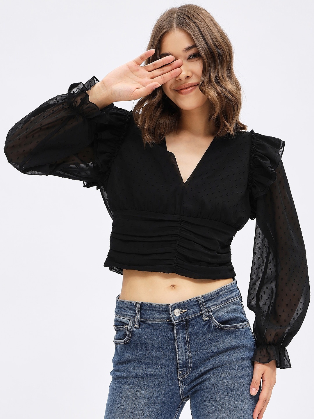 

Harpa Self Designed V-Neck Puff Sleeve Crop Top, Black