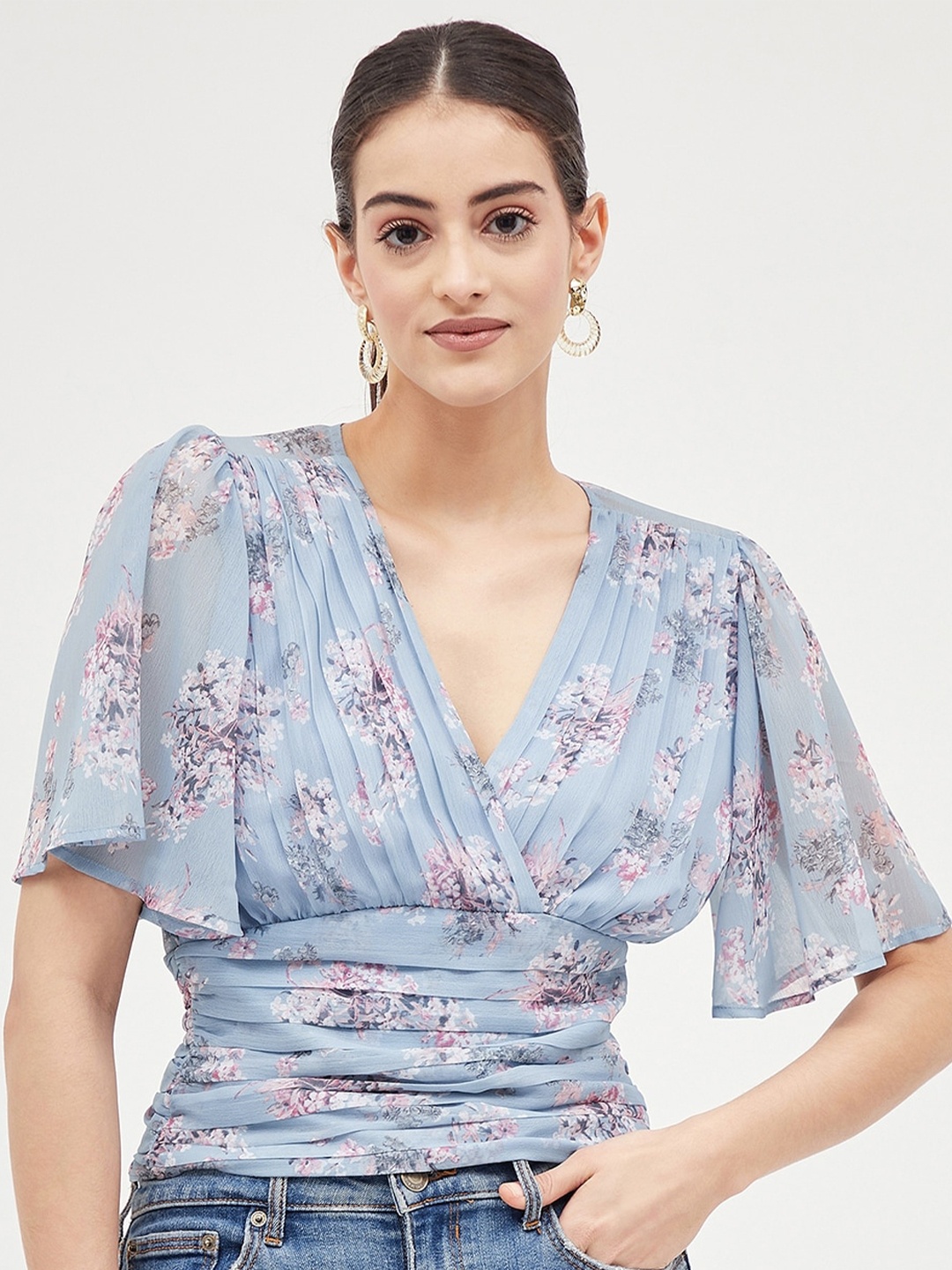 

Harpa Floral Printed Flared Sleeves Crop Top, Blue