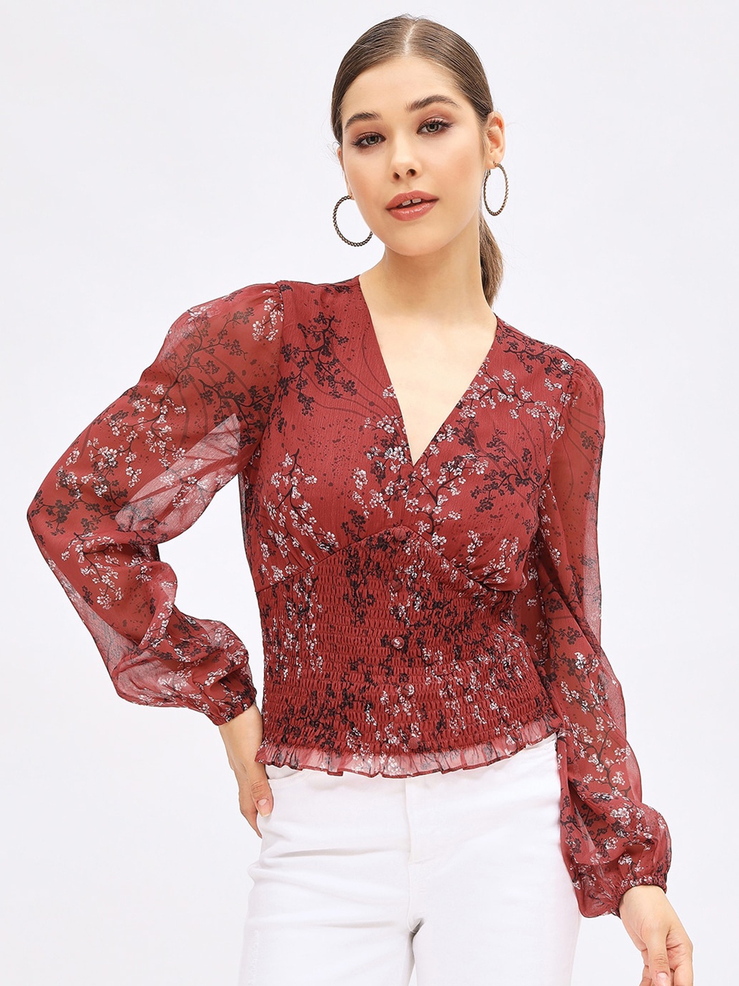 

Harpa Floral Printed Puff Sleeves Smocked Top, Red