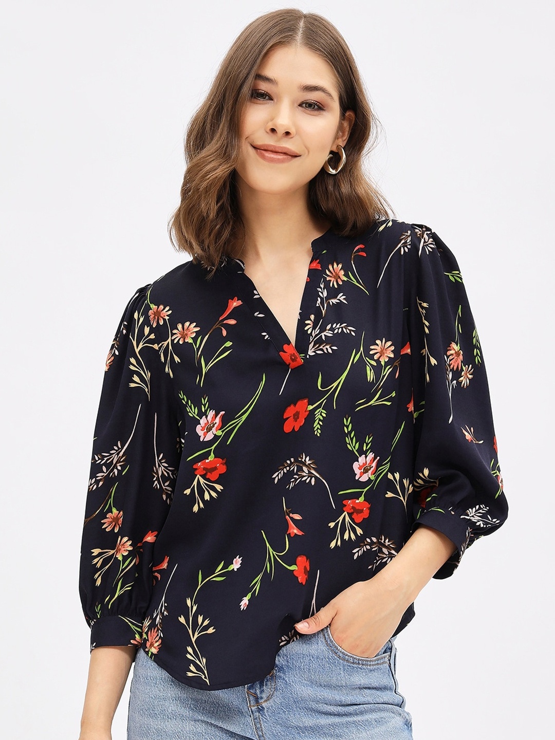 

Harpa Floral Printed Mandarin Collar Puff Sleeves Top, Navy blue