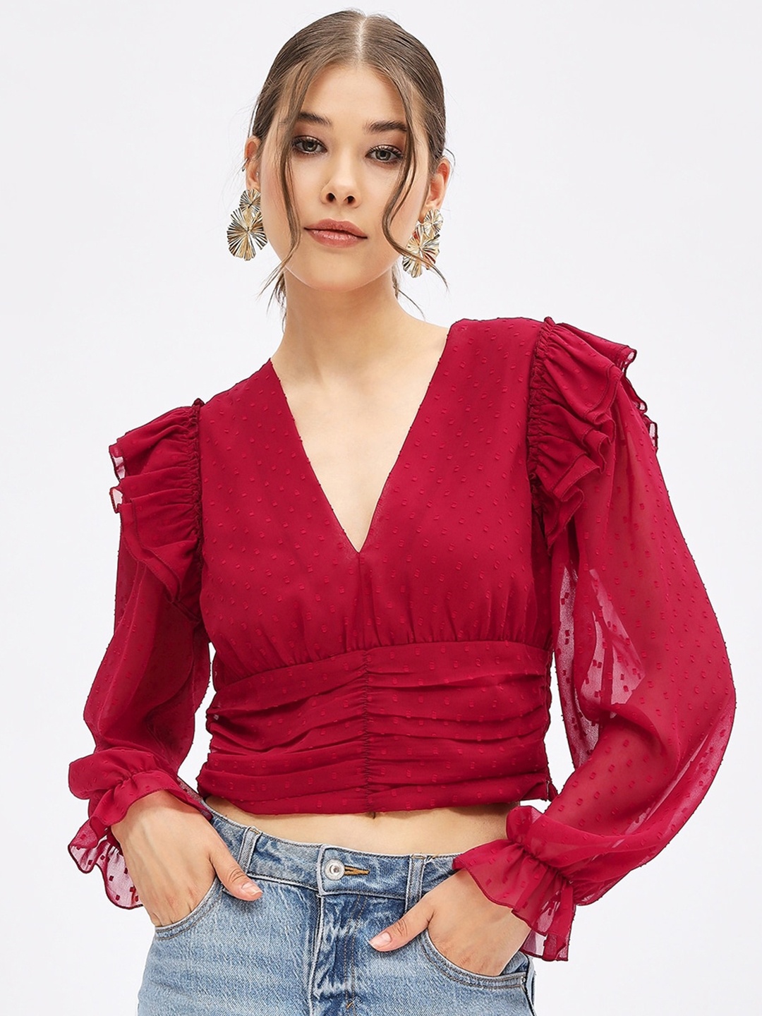 

Harpa Self Design Puff Sleeve Ruffle Georgette Empire Crop Top, Maroon
