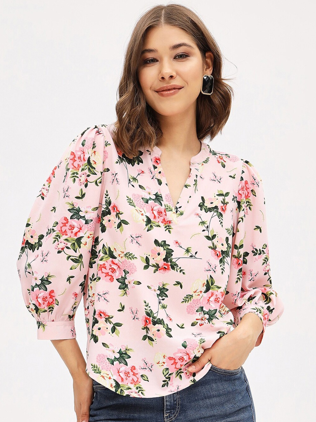 

Harpa Floral Printed Mandarin Collar Puff Sleeves Top, Pink