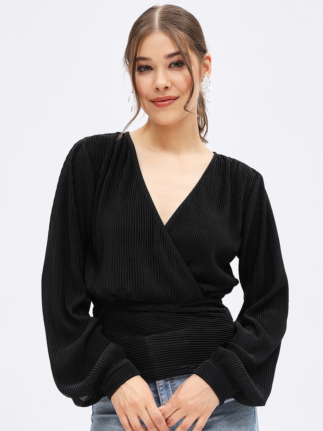 

Harpa Striped V-Neck Puffed Sleeves Wrap Top, Black