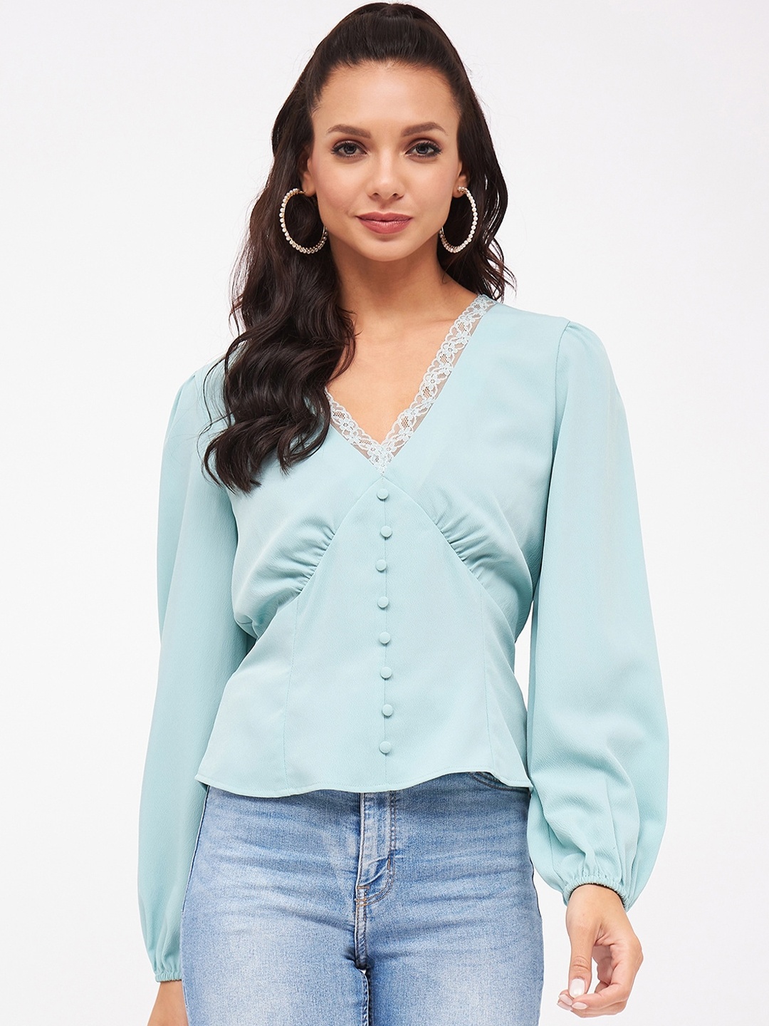 

Harpa Turquoise V-Neck Puff Sleeves Top, Turquoise blue