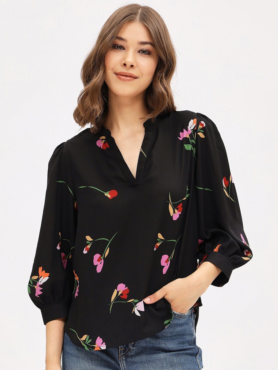 

Harpa Floral Printed Mandarin Collar Puffed Sleeves Top, Black