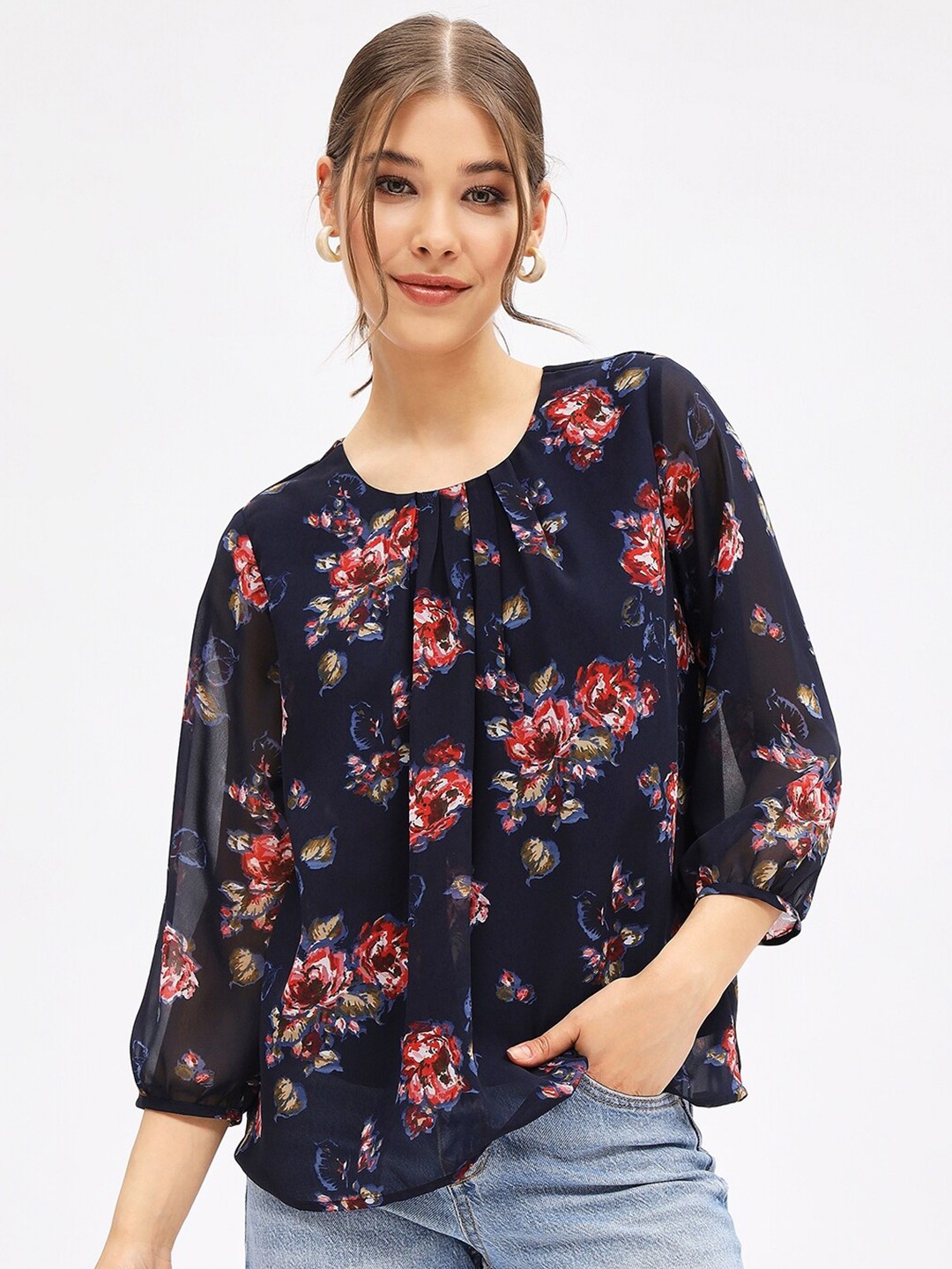 

Harpa Floral Printed Georgette Top, Navy blue