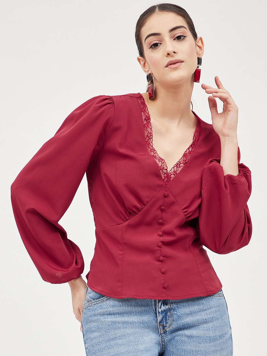 

Harpa Self Designed Puff Sleeve Top, Maroon