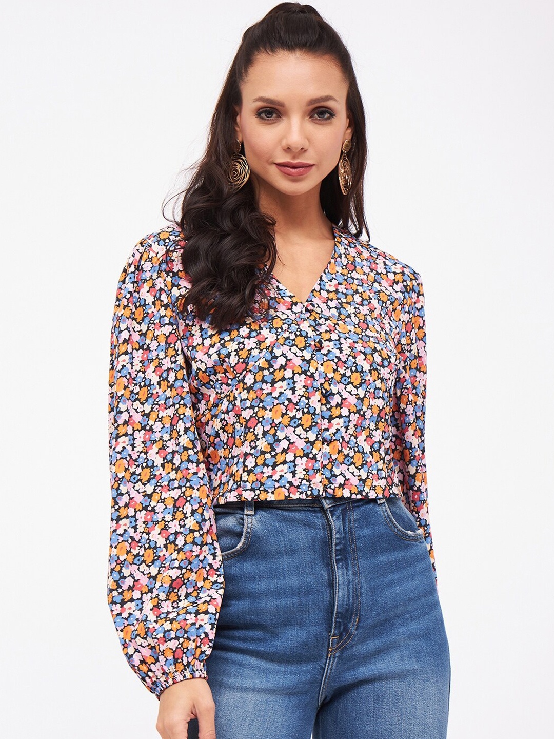 

Harpa Floral Printed Puff Sleeves Shirt Style Crop Top, Blue