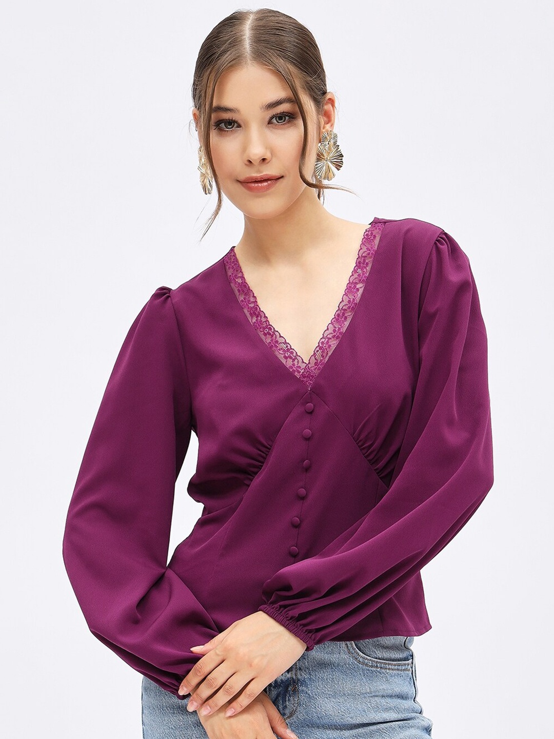 

Harpa V-Neck Puff Sleeves Top, Purple