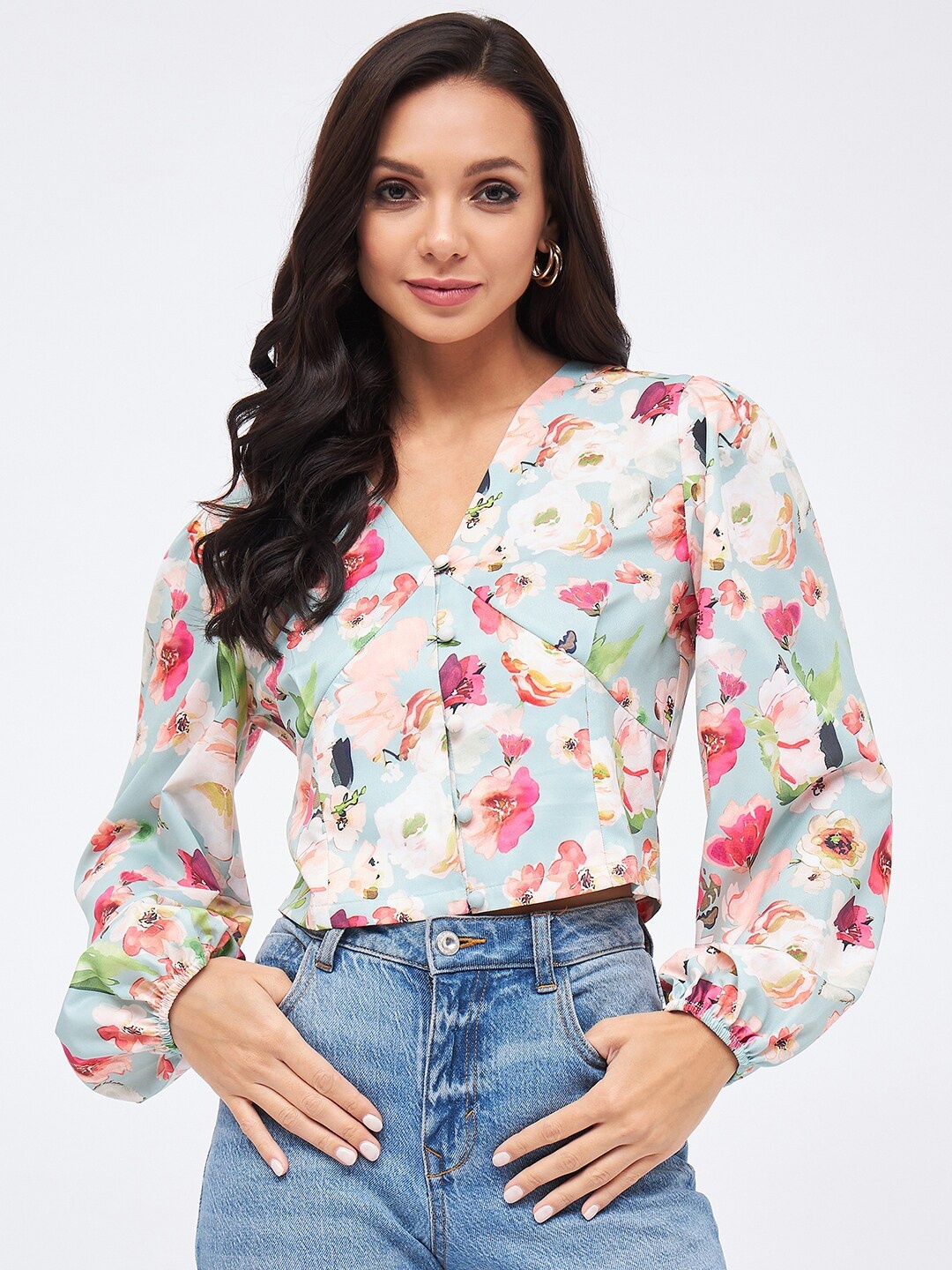 

Harpa Floral Printed V-Neck Puff Sleeves Top, Green