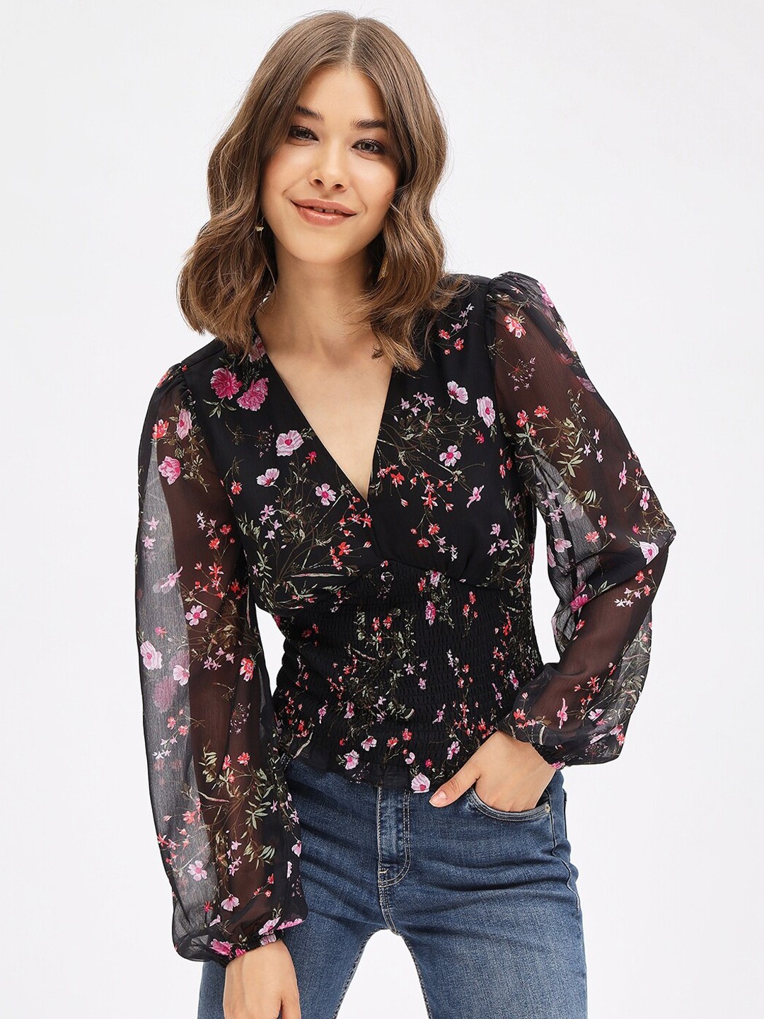 

Harpa Floral Printed Puffed Sleeves Chiffon Cinched Waist Top, Black