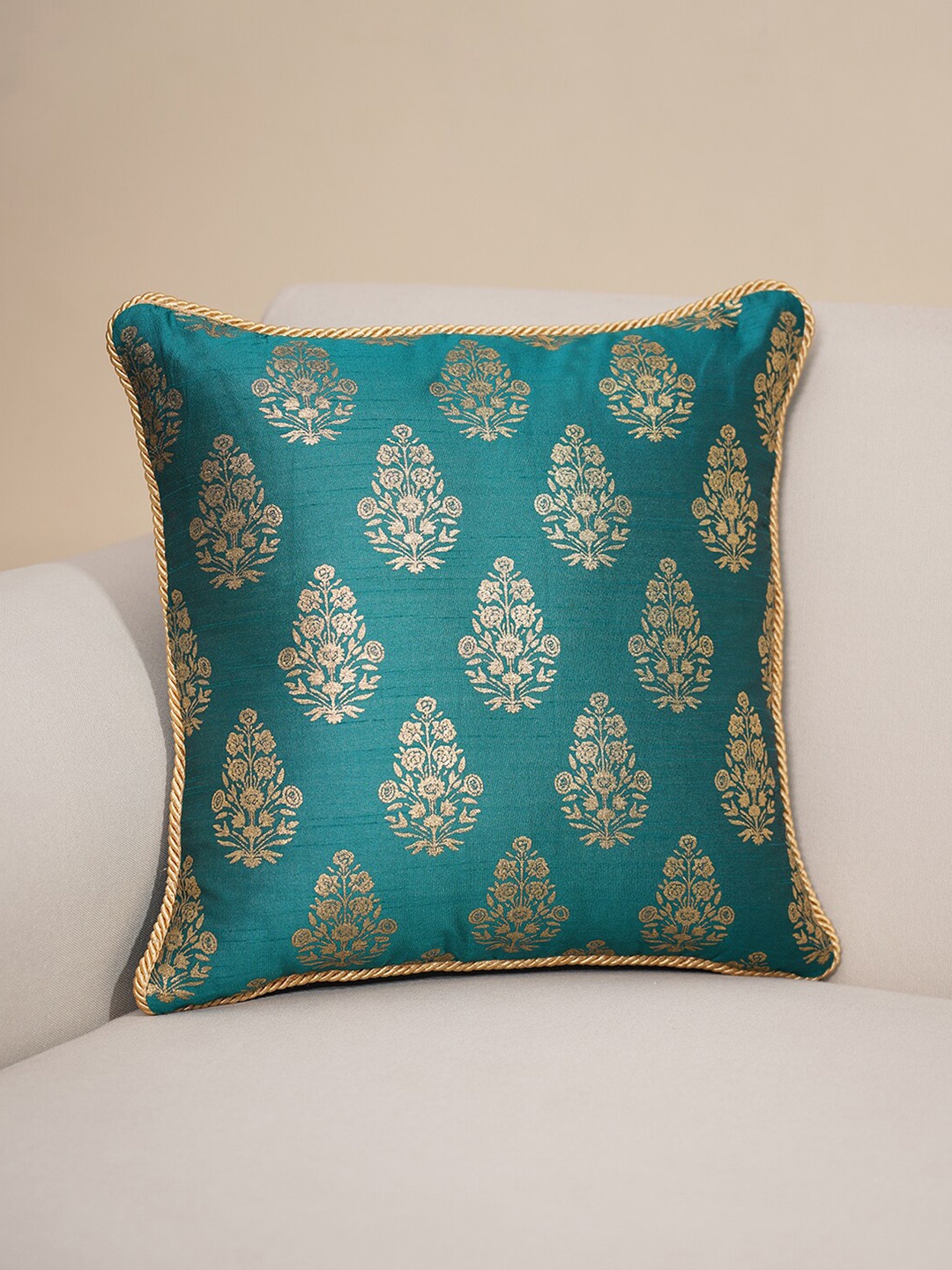 

Pure Home and Living Blue & Gold-Toned Ethnic Motifs Printed Square Cushion Cover