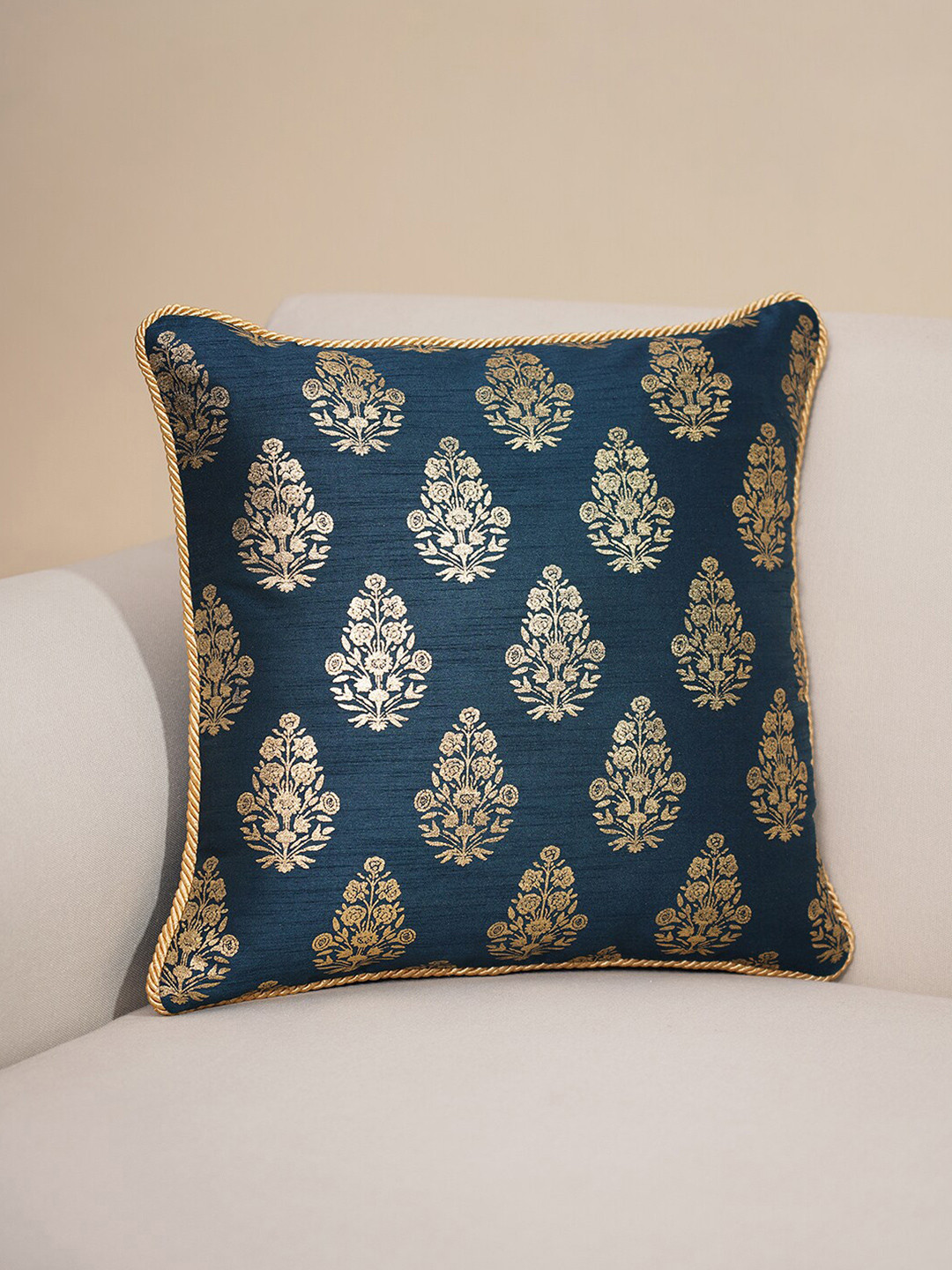

Pure Home and Living Blue & Gold-Toned Ethnic Motifs Printed Square Cushion Cover