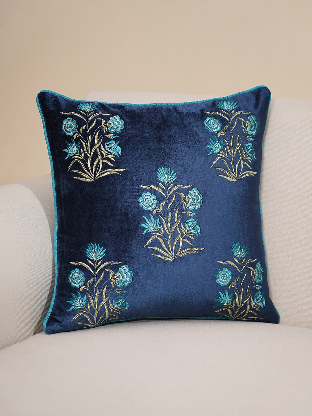 

Pure Home and Living Blue & Gold-Toned Floral Embroidered Velvet Square Cushion Cover