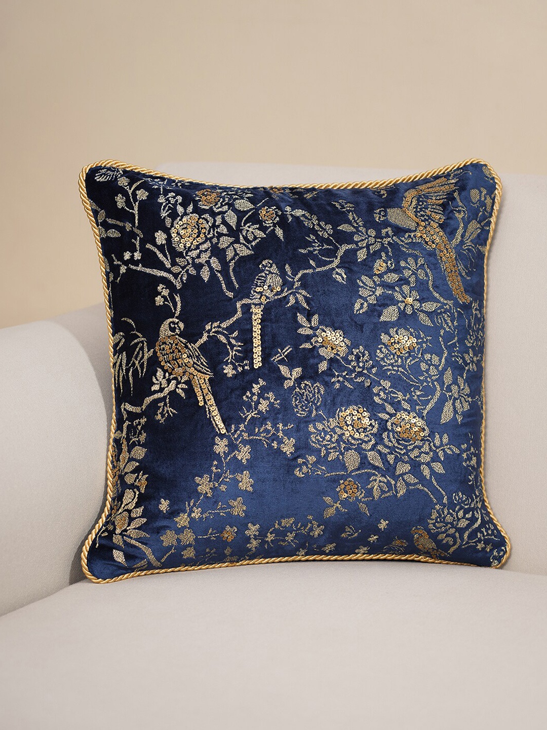 

Pure Home and Living Blue Ethnic Motifs Embroidered Velvet Square Cushion Cover