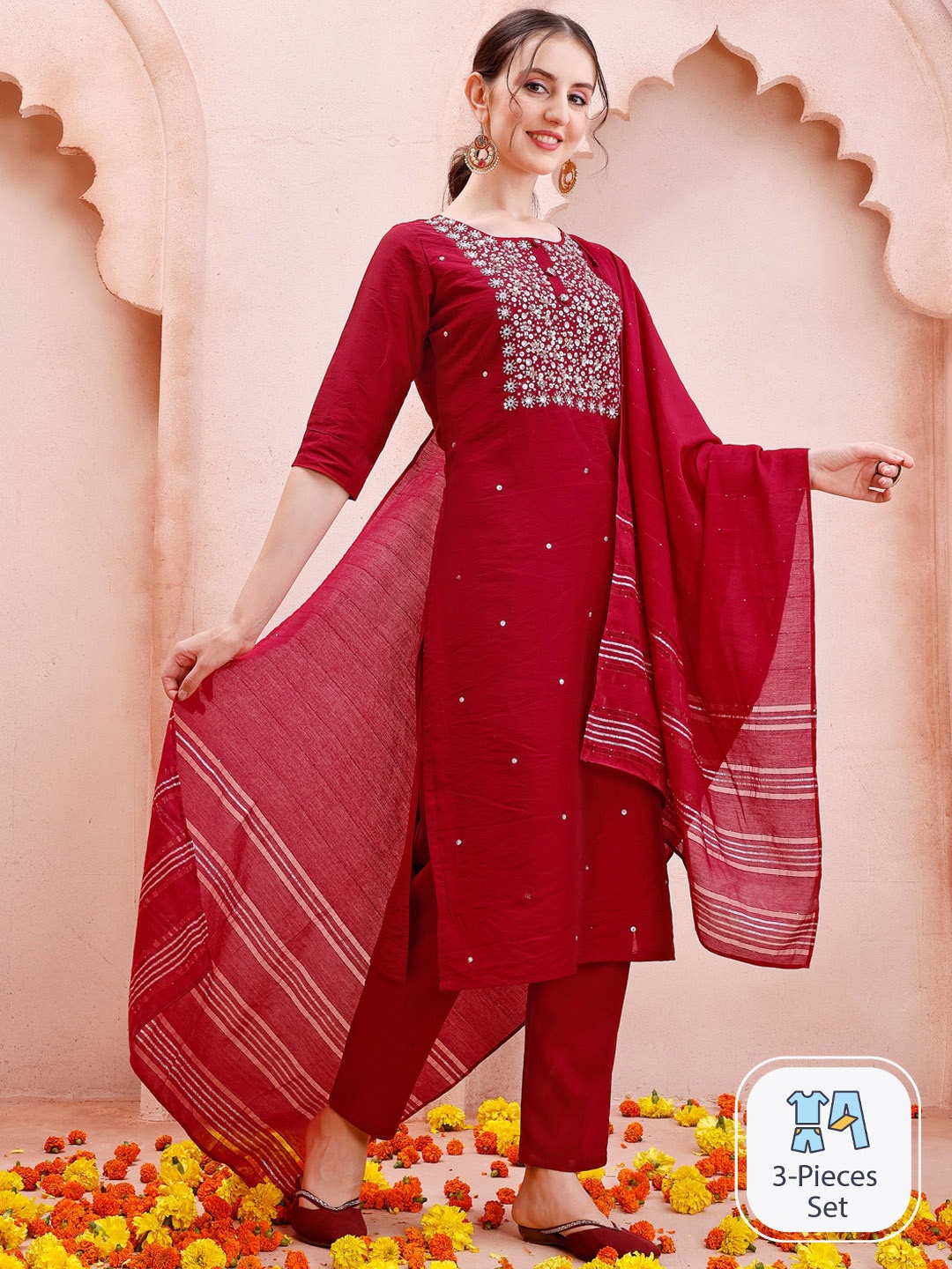 

Berrylicious Ethnic Motifs Embroidered Kurta With Trousers & Dupatta, Red