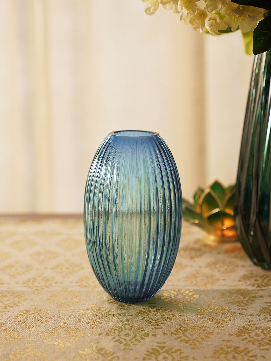 

Pure Home and Living Blue Ribbed Round Large Glass Vase