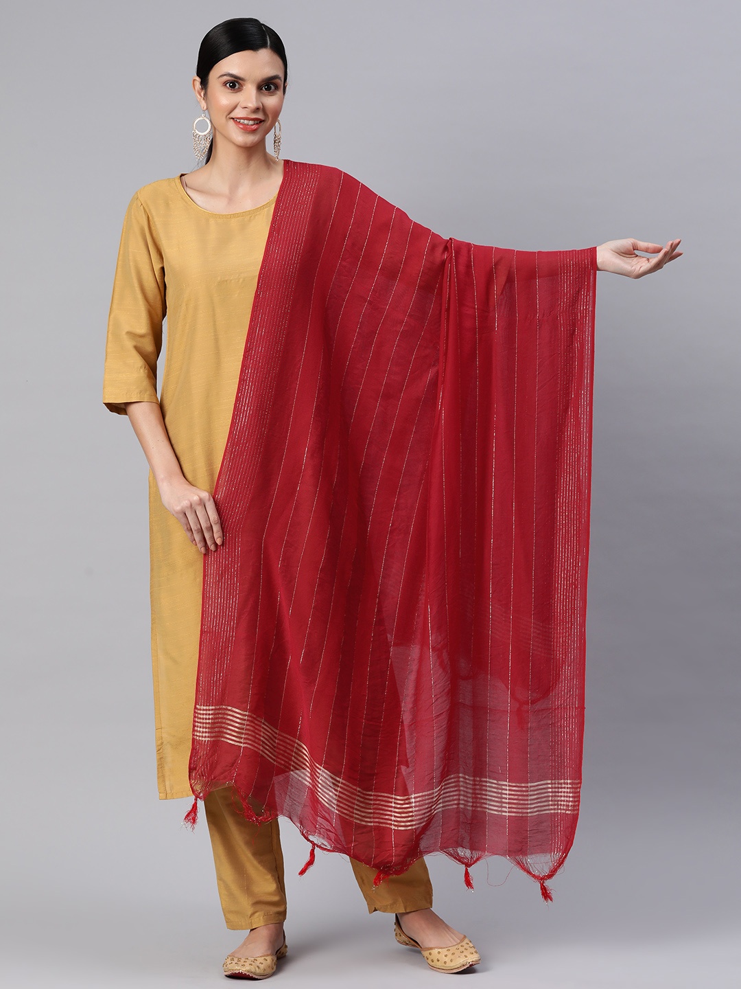 

Rang Gali Striped Chanderi Dupatta with Zari, Red