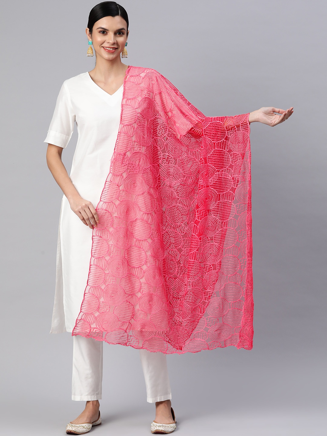 

Rang Gali Embroidered Dupatta with Thread Work, Coral