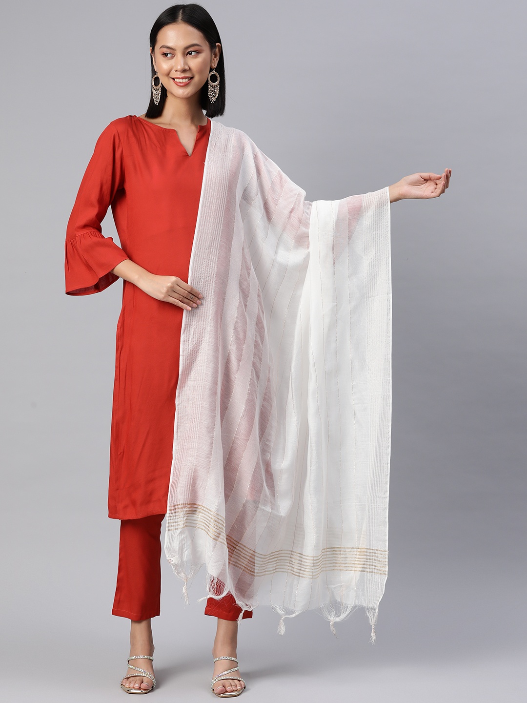 

Rang Gali Striped Chanderi Dupatta with Zari, White