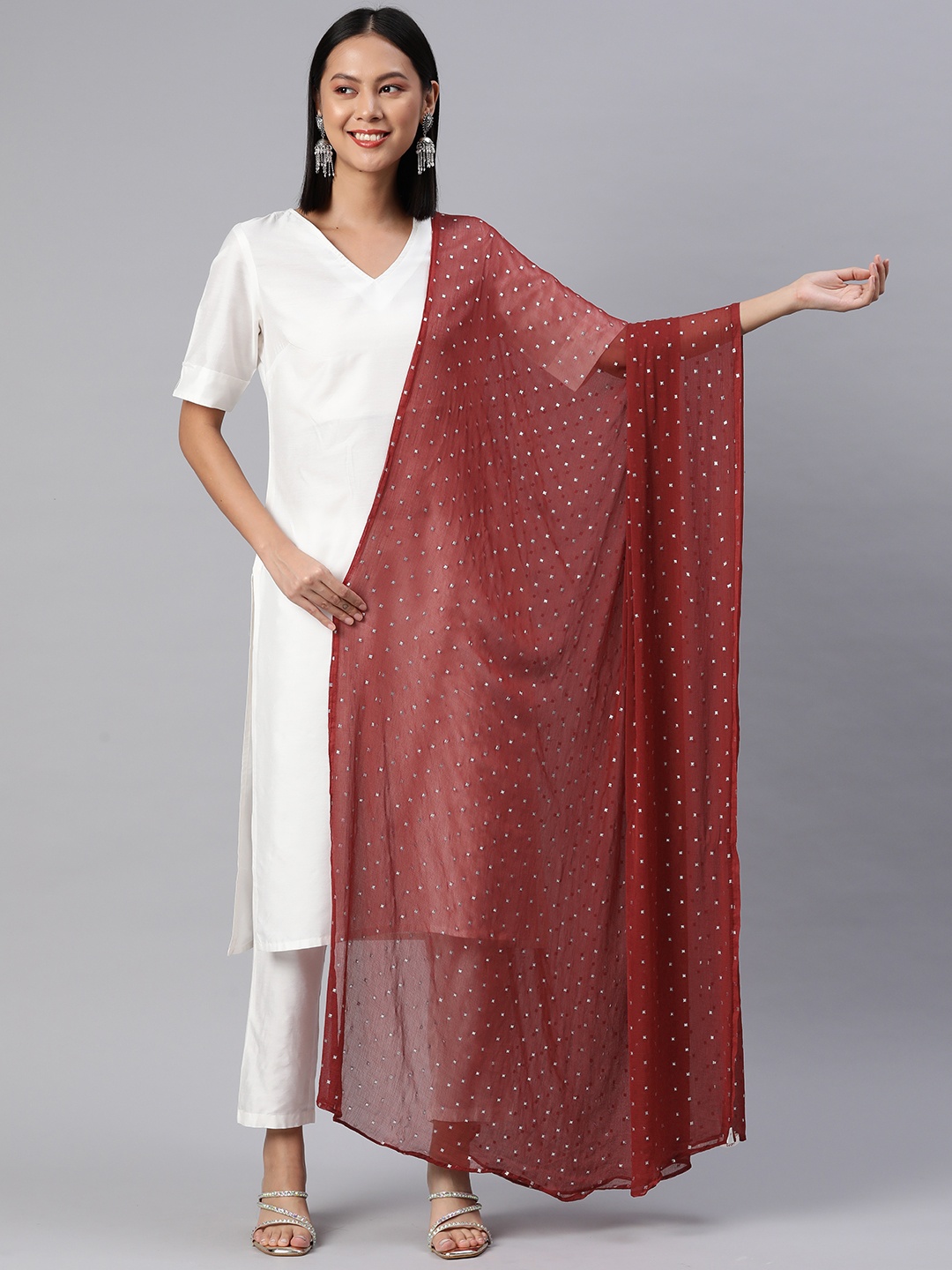 

Rang Gali Embroidered Chiffon Dupatta with Mukaish, Maroon