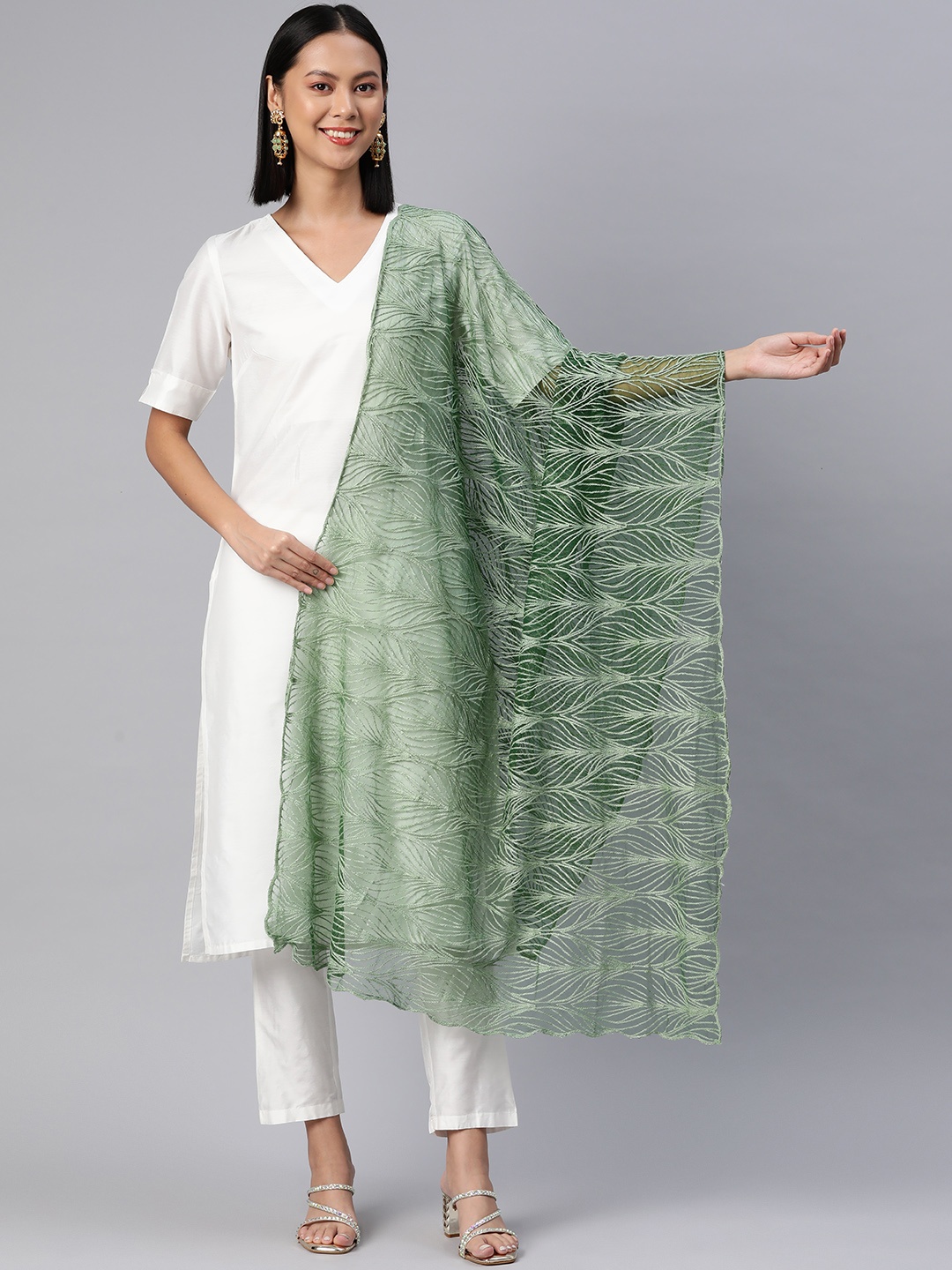 

Rang Gali Floral Embroidered Dupatta with Thread Work, Green