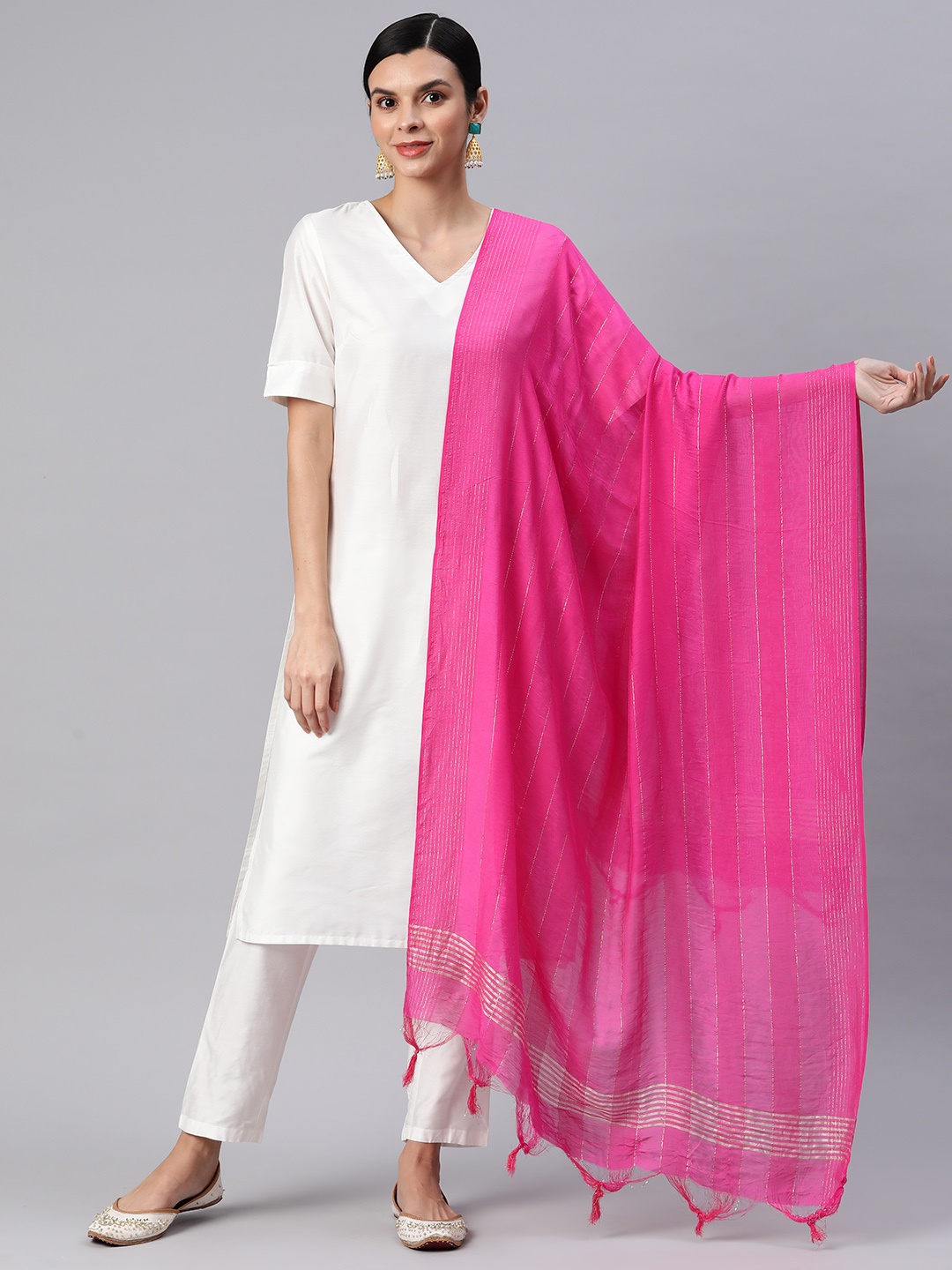 

Rang Gali Striped Chanderi Dupatta with Zari, Pink